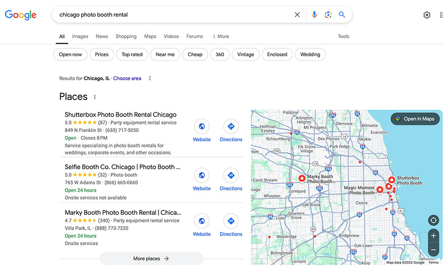 Screenshot of local map pack for "Chicago Photo Booth Rental"